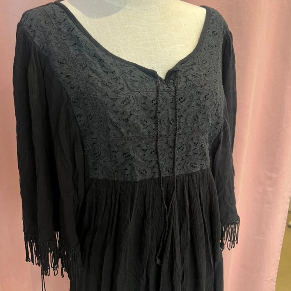 Maison Coup Black Boho Dress XL Fits L Festival Fringe Sleeve Rayon Tunic - Picture 6 of 9